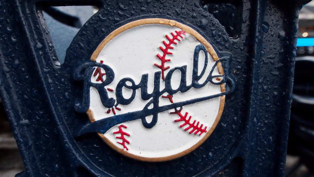 Oct 13, 2014; Kansas City, MO, USA; Rain collects on a Royals decal logo on a seat in the stands before game three of the 2014 ALCS playoff baseball game between the Baltimore Orioles and Kansas City Royals at Kauffman Stadium. Mandatory Credit: Jerry Lai-USA TODAY Sports